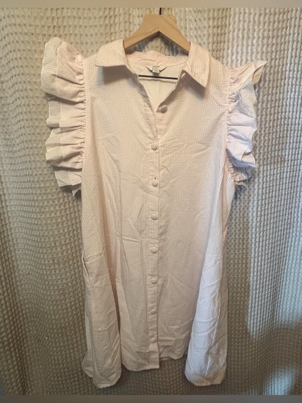 crown & ivy Light Pink Ruffle Sleeve Midi Shirt Dress